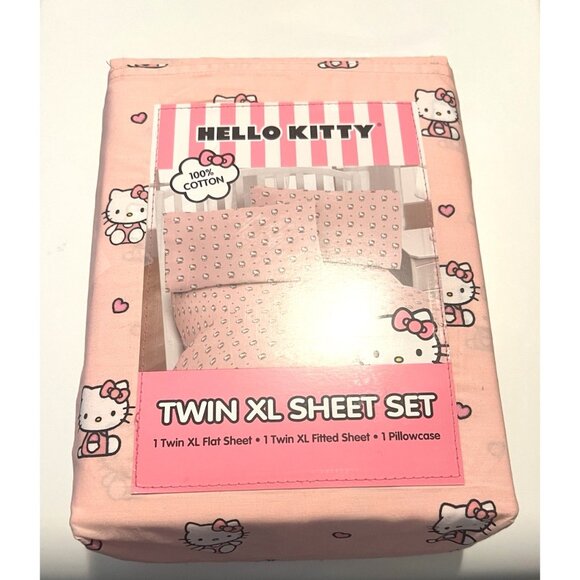 NWT SANRIO HELLO KITTY Twin X-Long Sheet Set w/ Pink Bows & Hearts 100% Cotton - Picture 5 of 9